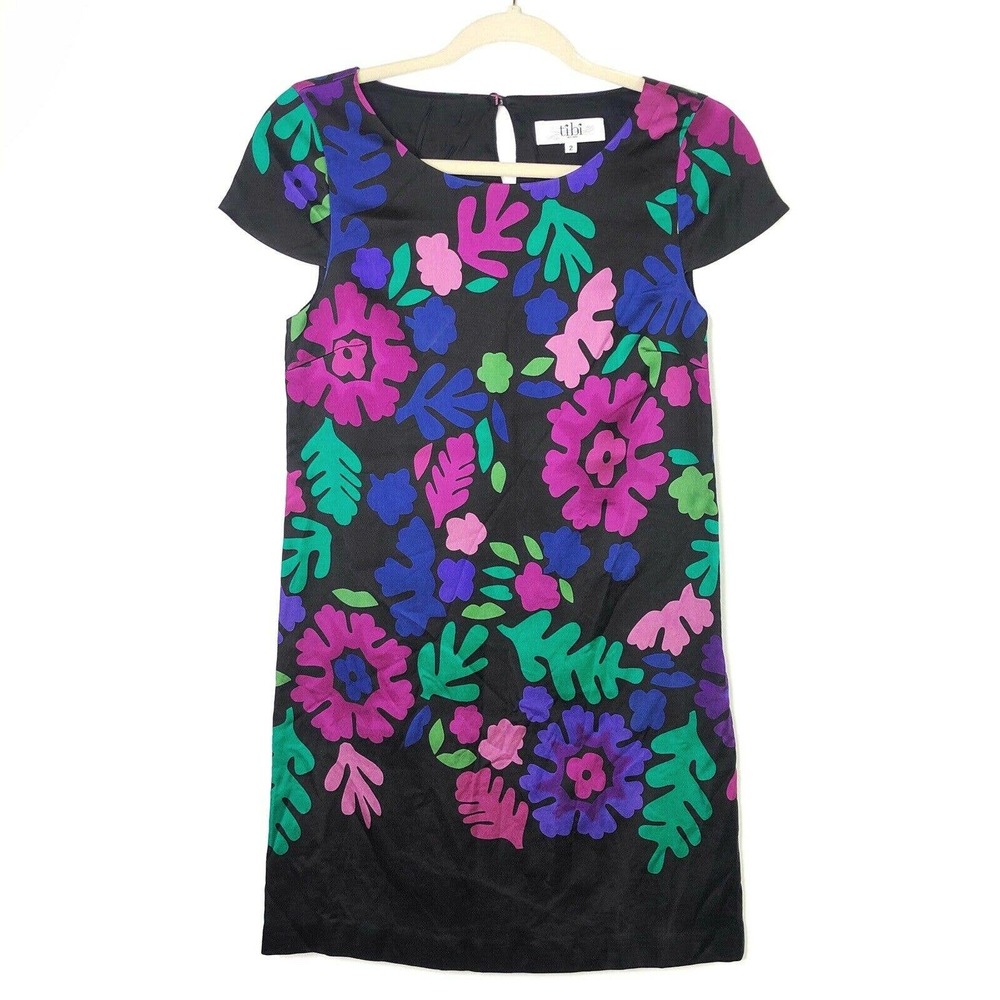 Tibi New York Wool Silk Floral Shift Dress Cap Sleeves Lined Multicolor Size 2